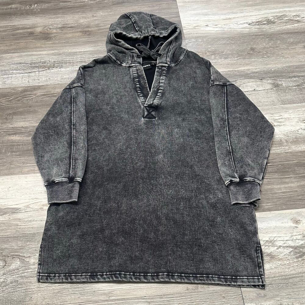 Mono B Black Womens S Mineral Wash V-Neck Brushed Fleece Pullover Long Hoodie